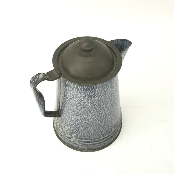 Antique Gray Mottled Granite Ware Enamel 8 1/2 inch Coffee Pot with Tin Lid