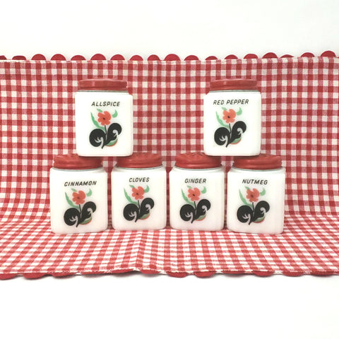 Vintage White Milk Glass Spice Jar Shaker Set 6 Piece Red Flower Black Leaf