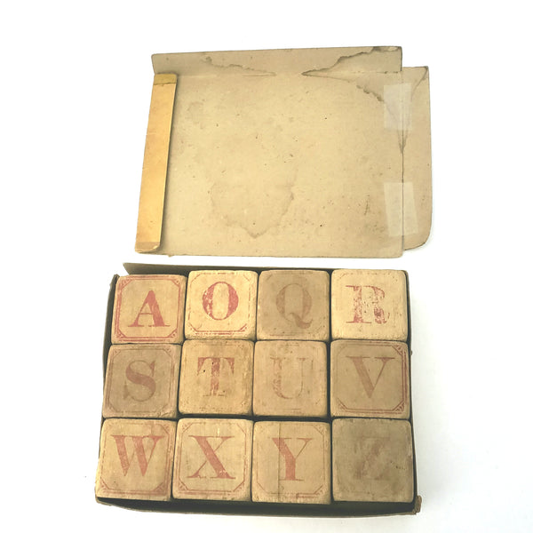 Antique Set Wooden Alphabet Blocks with Original Box - Group of 12