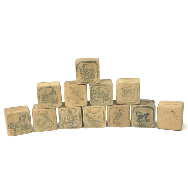 Antique Set Wooden Alphabet Blocks with Original Box - Group of 12
