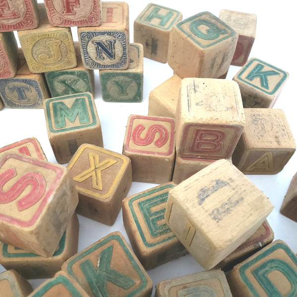 Antique ABC Alphabet Blocks in Wooden Box - Collection of 64