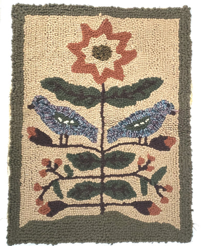 Vintage Hooked Rug Single Flower Leaves Two Distelfink Birds Americana Textile