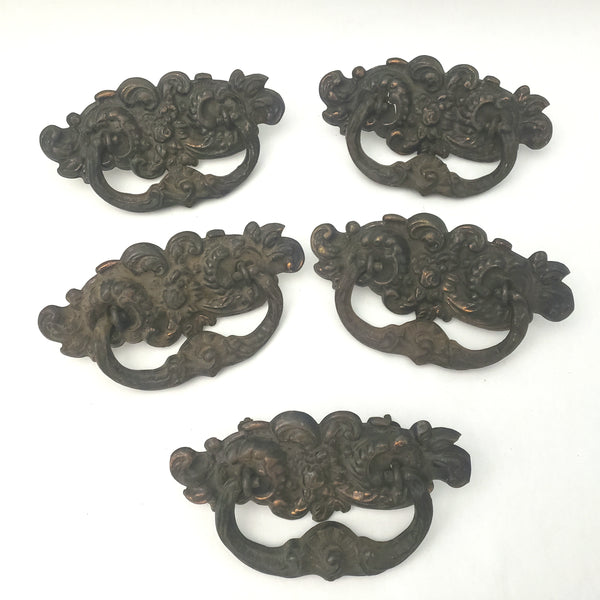 Antique Drawer Pulls Pressed Tin and Metal Matching Set of 5 - Architectural Salvage
