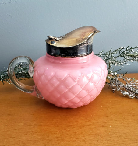 Vintage Pink Glass Syrup Pitcher Diamond Quilted Pattern 4 inch