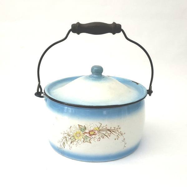 Antique Decorated Enamel Ware Bucket - Kettle Blue & White With Flowers by Stewart