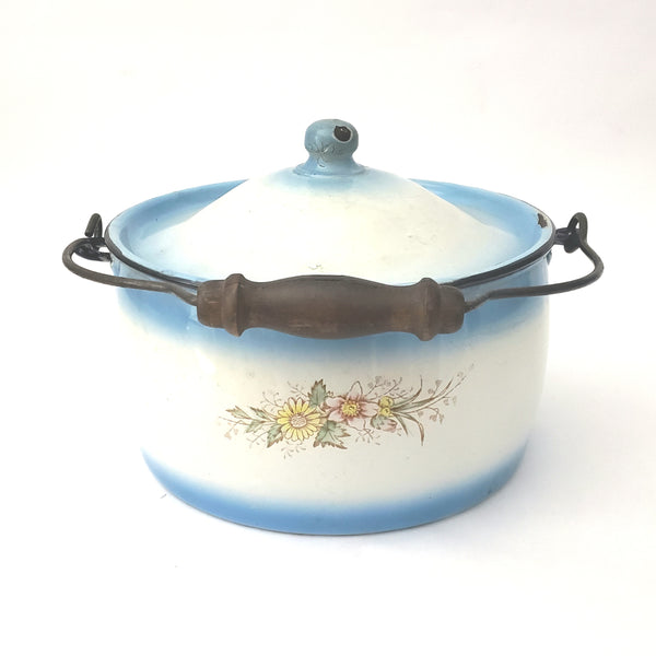 Antique Decorated Enamel Ware Bucket - Kettle Blue & White With Flowers by Stewart