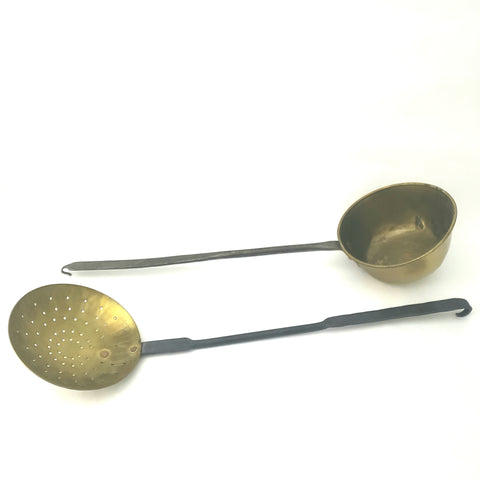 Antique Brass and Wrought Iron Ladle and Skimmer, Early American Kitchen  Utensils