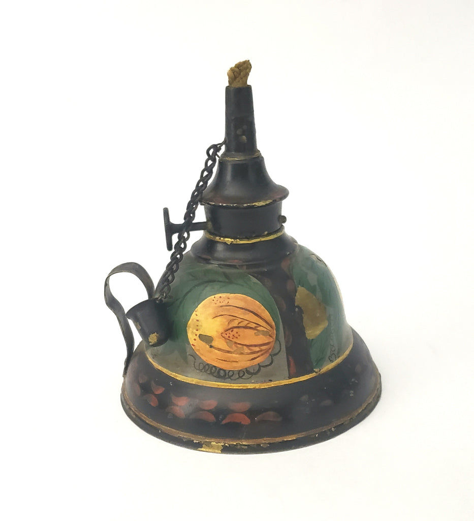 Antique Tole Painted Tin and Brass Whale Oil Finger Lamp