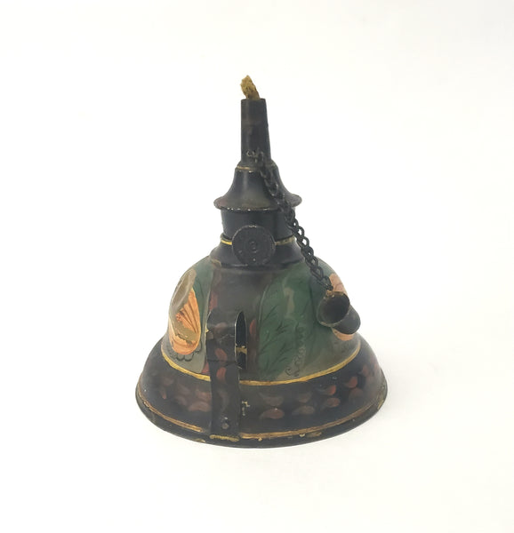 Unique Antique Tole Painted Tin and Brass Whale Oil Finger Lamp Americana Toleware