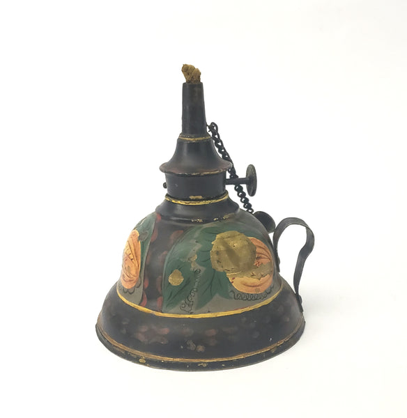 Unique Antique Tole Painted Tin and Brass Whale Oil Finger Lamp Americana Toleware