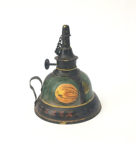 Unique Antique Tole Painted Tin and Brass Whale Oil Finger Lamp Americana Toleware