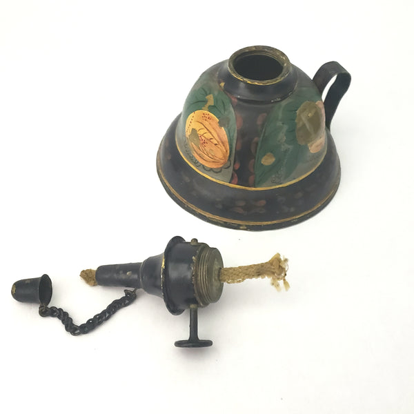 Unique Antique Tole Painted Tin and Brass Whale Oil Finger Lamp Americana Toleware