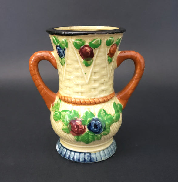 Vintage Maruhon Ware Glazed Handpainted Double Handle Vase 5 1/4"