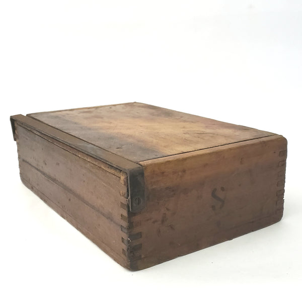 Antique Box Jointed Wooden Cigar Box with Metal Closure Bar and Hinged Lid