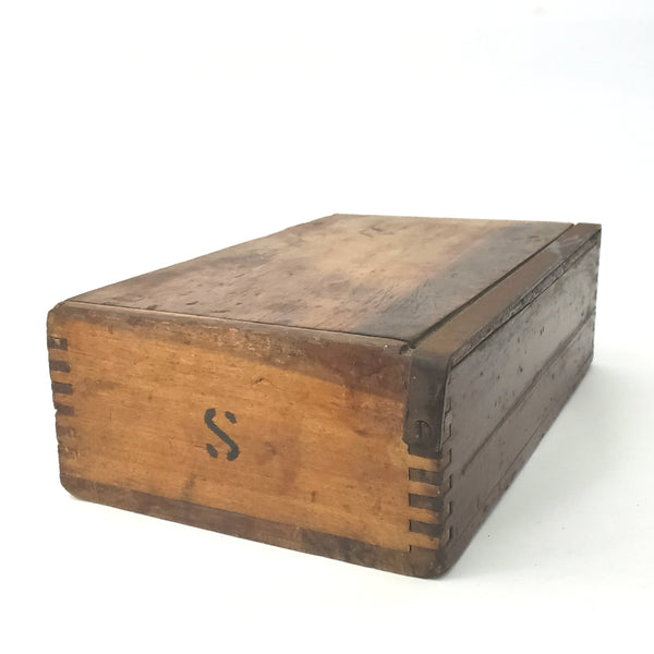 Antique Box Jointed Wooden Cigar Box with Metal Closure Bar and Hinged Lid