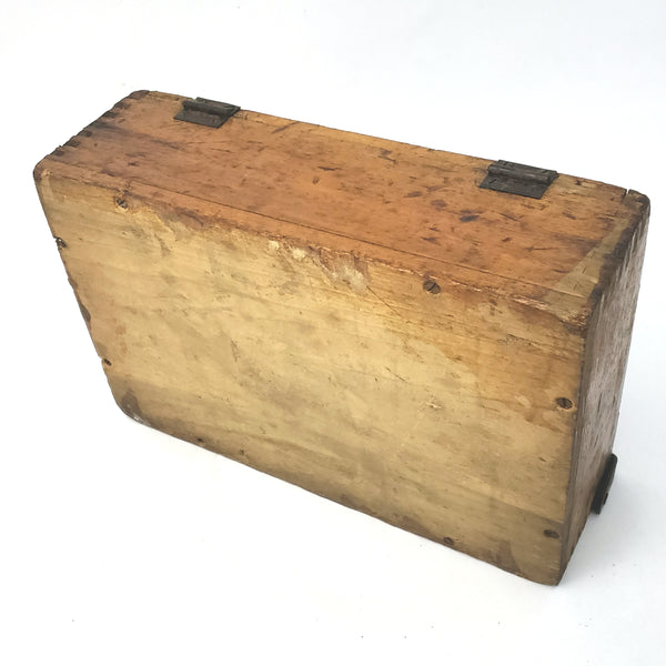 Antique Box Jointed Wooden Cigar Box with Metal Closure Bar and Hinged Lid