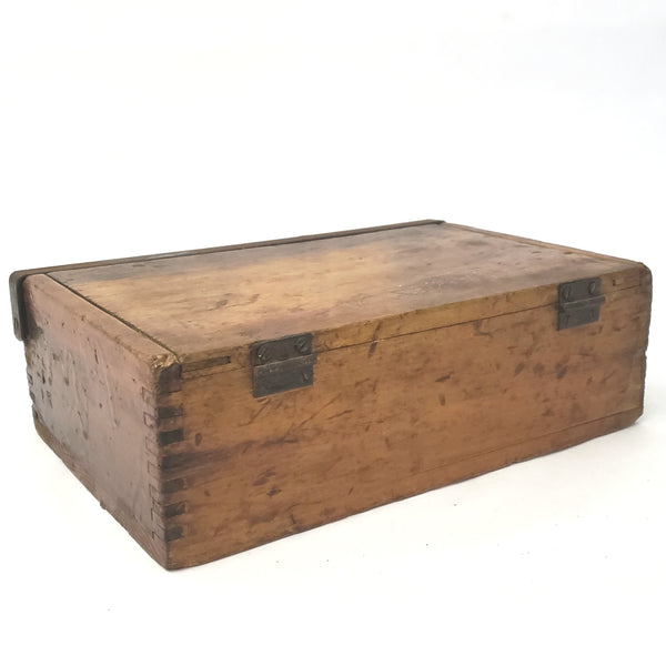 Antique Box Jointed Wooden Cigar Box with Metal Closure Bar and Hinged Lid