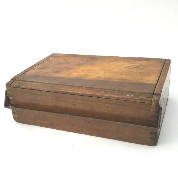 Antique Box Jointed Wooden Cigar Box with Metal Closure Bar and Hinged Lid