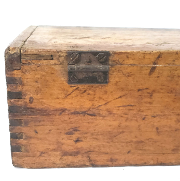 Antique Box Jointed Wooden Cigar Box with Metal Closure Bar and Hinged Lid