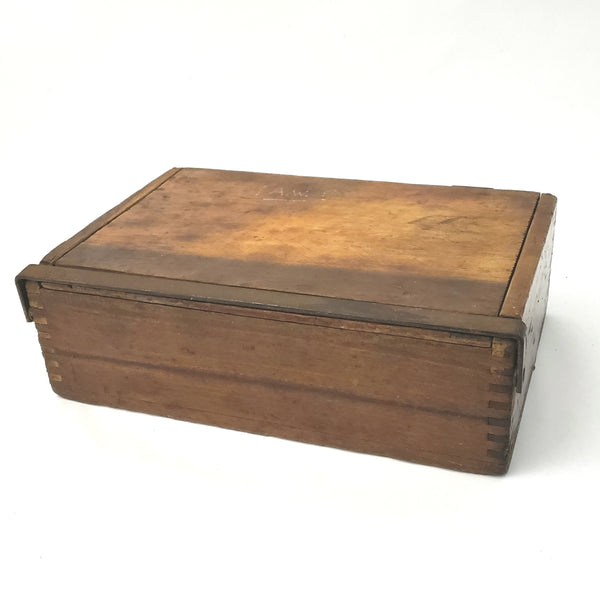 Early Dovetail Wooden Cigar Box with Metal Bar Closure and Hinged Lid