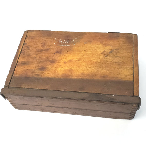 Antique Box Jointed Wooden Cigar Box with Metal Closure Bar and Hinged Lid