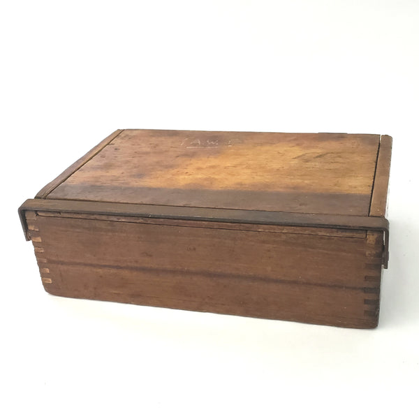 Antique Box Jointed Wooden Cigar Box with Metal Closure Bar and Hinged Lid