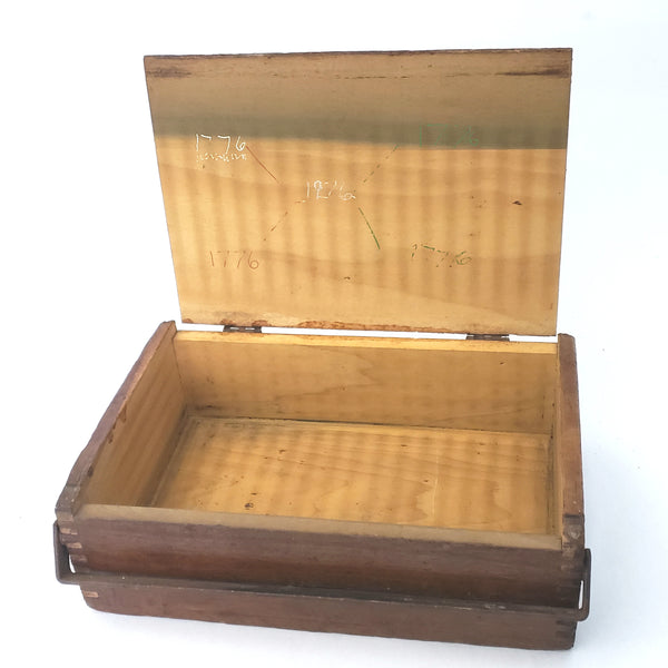 Antique Box Jointed Wooden Cigar Box with Metal Closure Bar and Hinged Lid