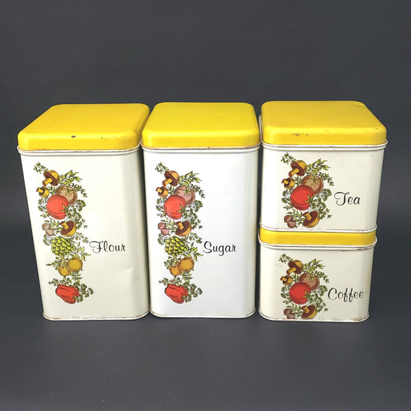 Vintage Metal Kitchen Canister Set Spice of Life with Yellow Lids Cheinco Set of 4
