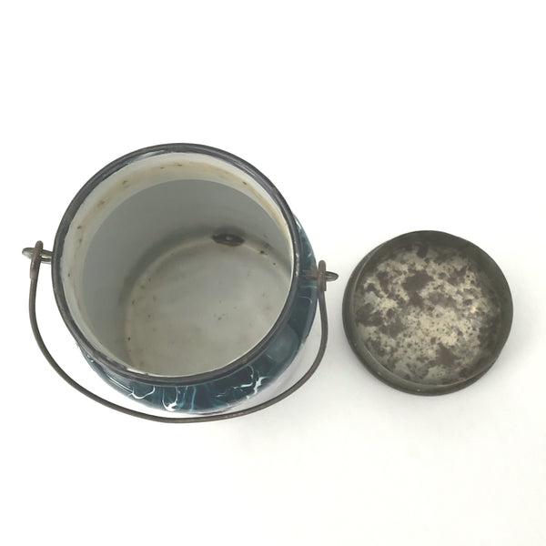 Antique Deep Green and White Swirl Graniteware Milk Cream Pail With Lid & Bail Handle