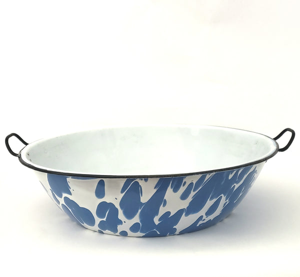 Vintage Large Blue and White Swirl Enamel Ware Double Handled Bowl Pan 16 inch