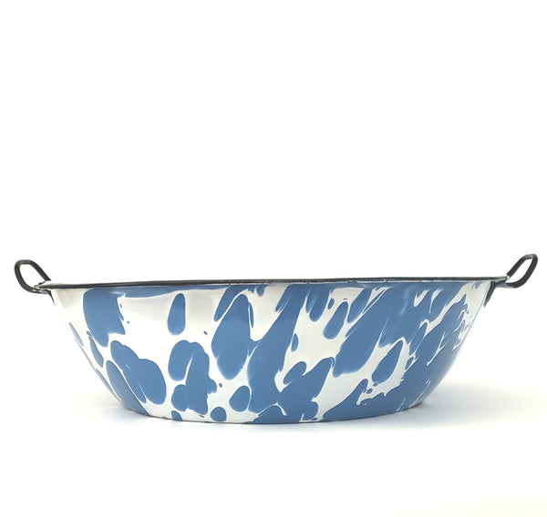 Large Vintage Blue and White Swirl Enamel Ware Double Handled Bowl Pan 16 inch