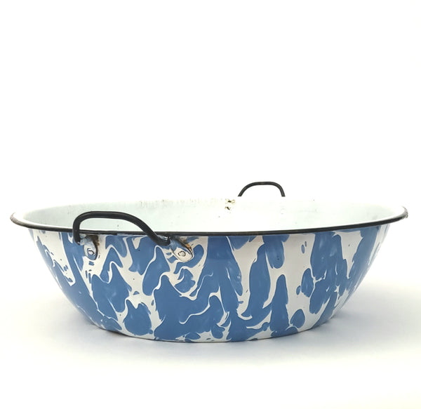 Large Vintage Blue and White Swirl Enamel Ware Double Handled Bowl Pan 16 inch