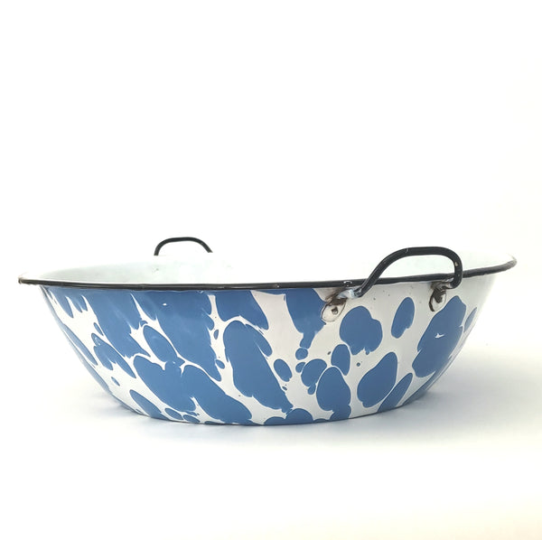 Large Vintage Blue and White Swirl Enamel Ware Double Handled Bowl Pan 16 inch