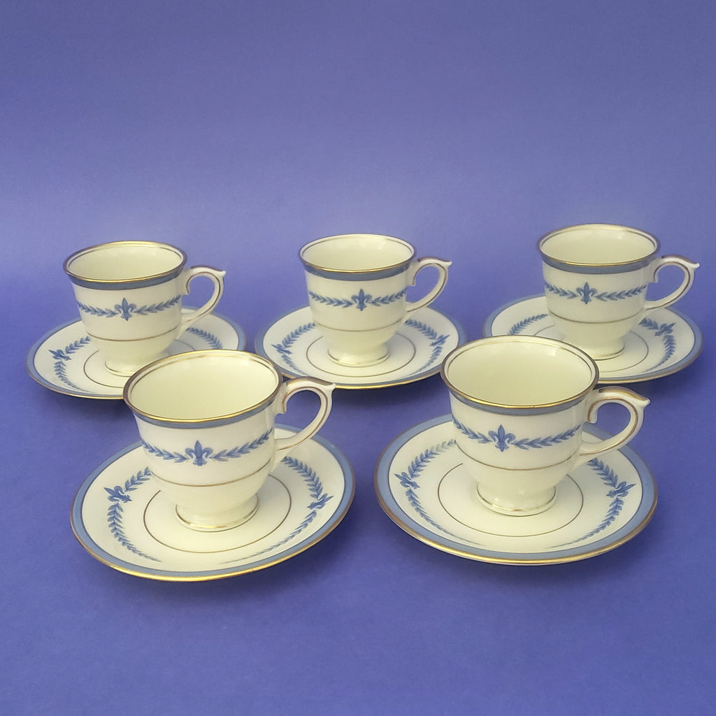 Vintage Demitasse Cup & Saucer Set of 5 Blue & Ivory Puritan Fleur