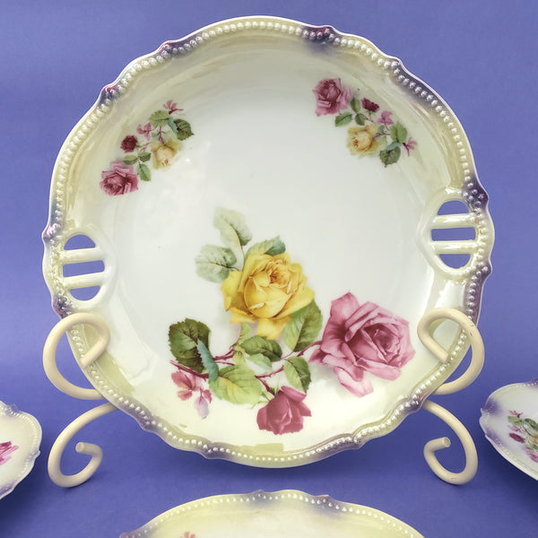 Antique Porcelain Dessert Serving Plate Set 5 Side Dishes Roses P.K. Silesia Germany