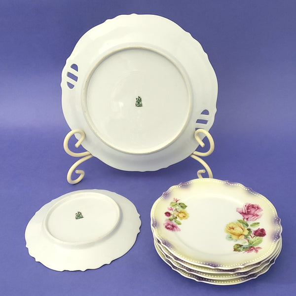 Antique Porcelain Dessert Serving Plate Set 5 Side Dishes Roses P.K. Silesia Germany