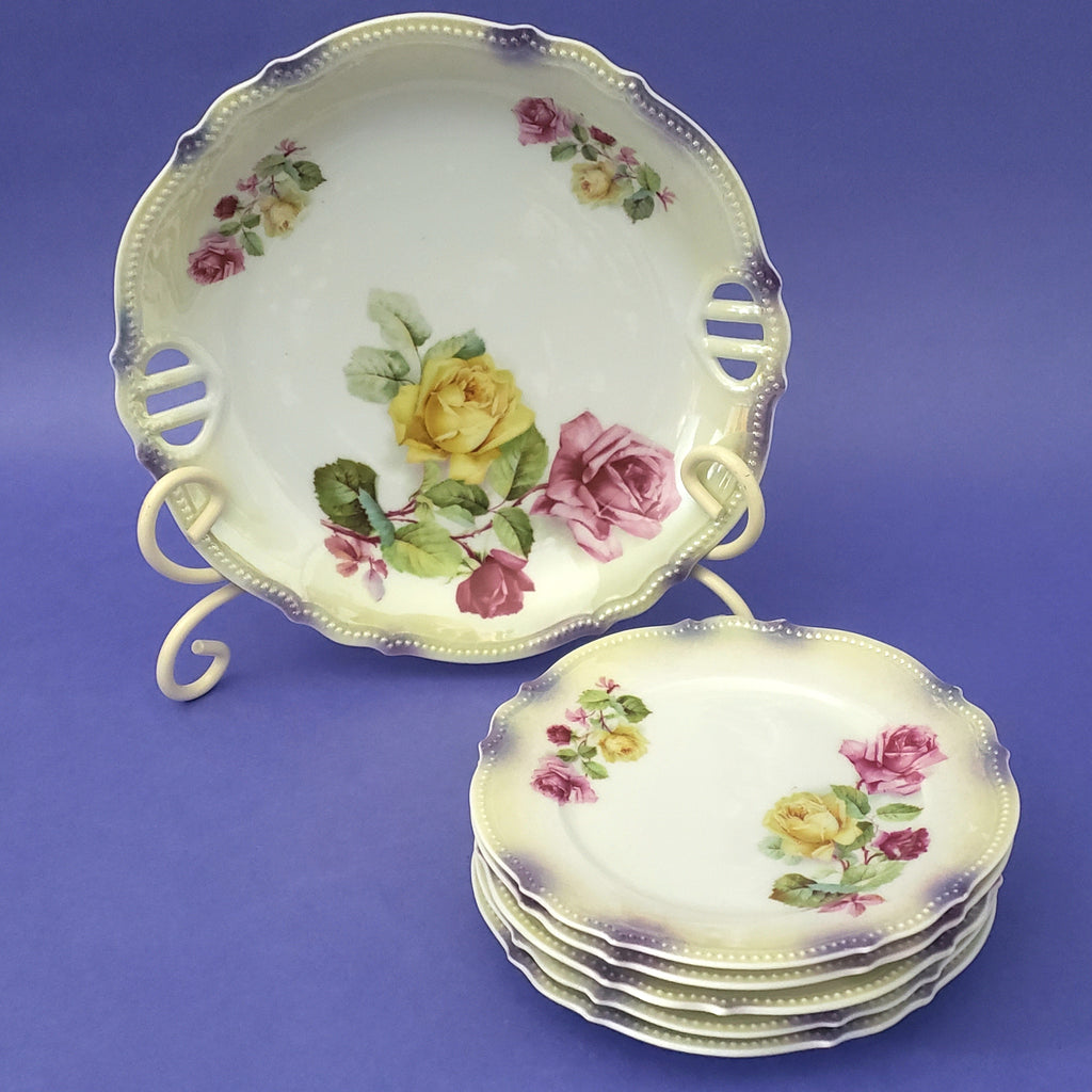 Antique Porcelain Serving Plate with 5 Matching Side Dishes Roses by P.K. Silesia Germany