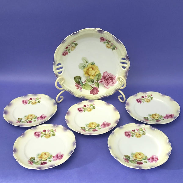 Antique Porcelain Dessert Serving Plate Set 5 Side Dishes Roses P.K. Silesia Germany