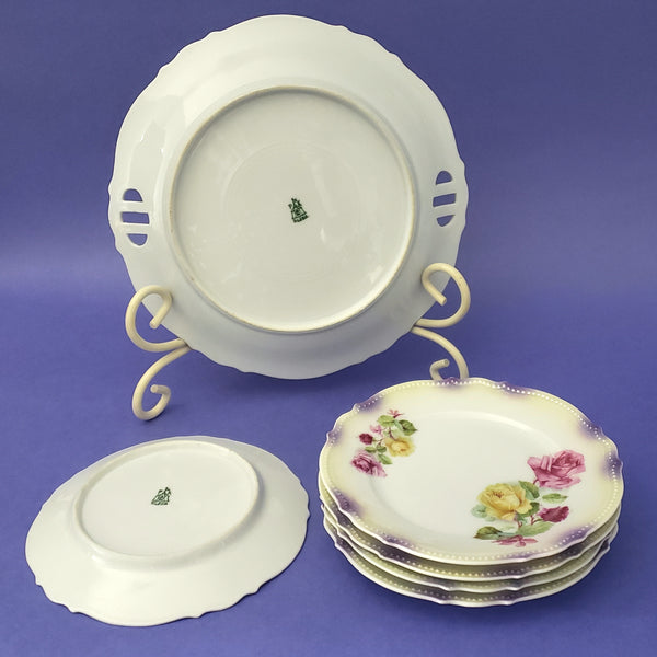 Antique Porcelain Dessert Serving Plate Set 5 Side Dishes Roses P.K. Silesia Germany