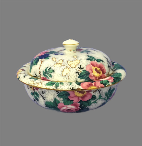 Antique English Sponge Bowl with Strainer & Lid Crown Ducal Chintz Ascot Pattern 1920s