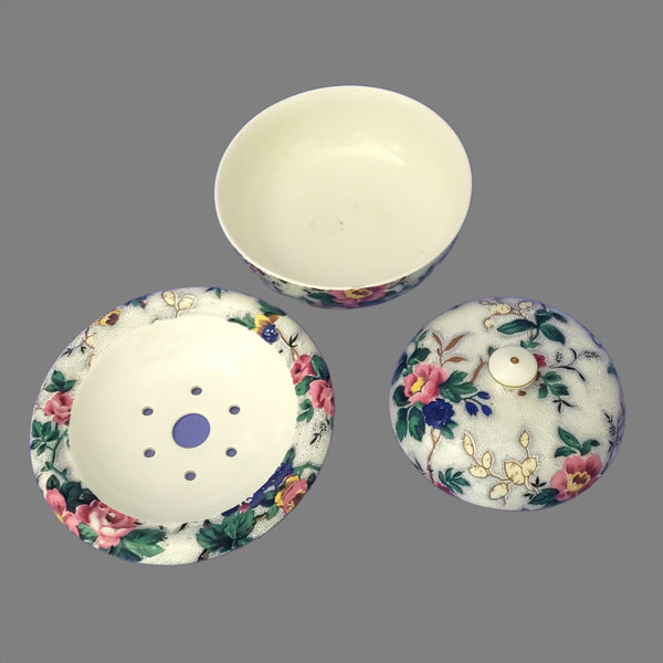 Antique English Sponge Bowl with Strainer & Lid Crown Ducal Chintz Ascot Pattern 1920s