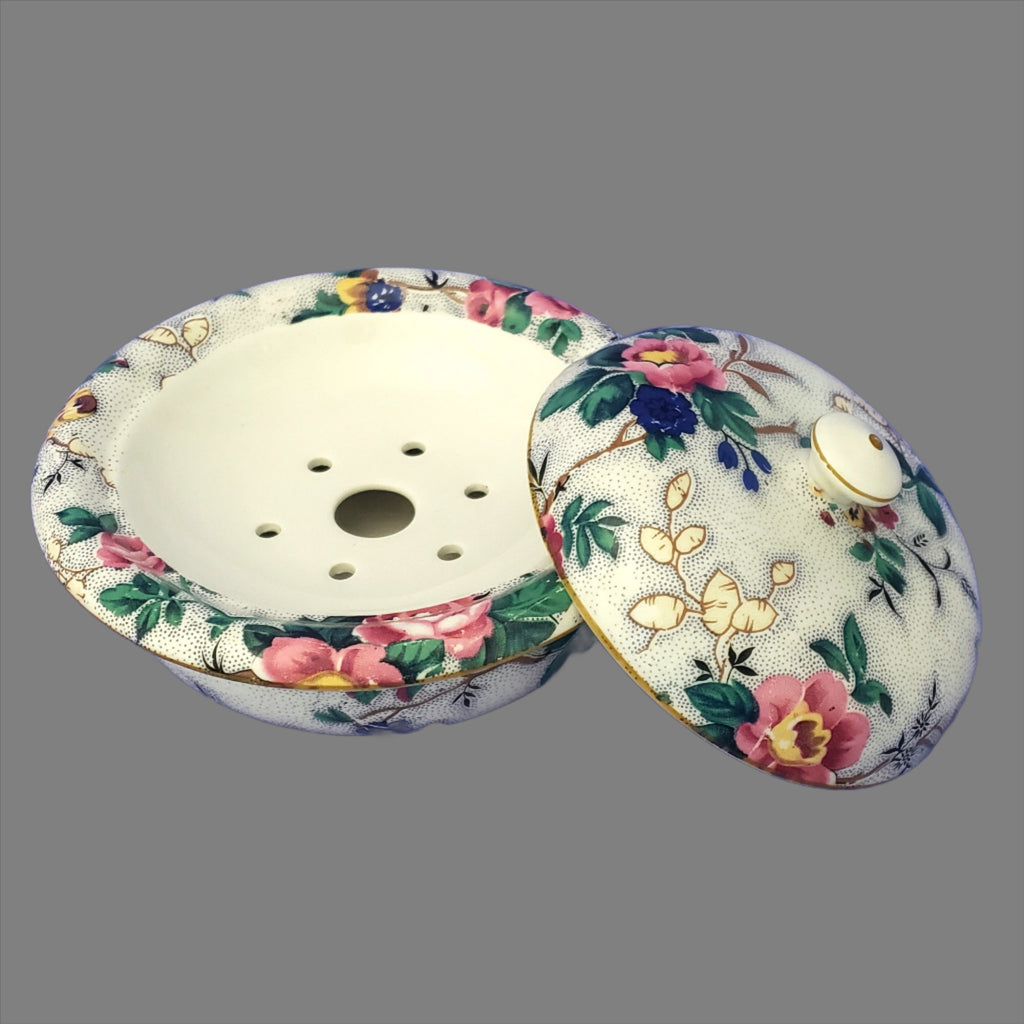 Antique English Sponge Bowl with Strainer & Lid Crown Ducal Chintz Ascot Pattern 1920s