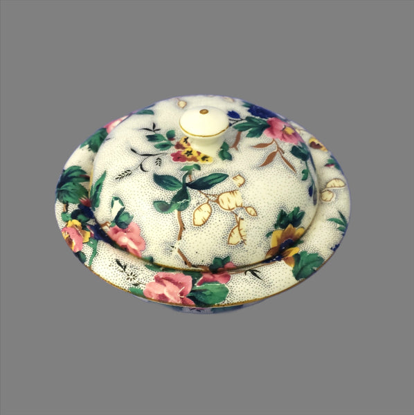 Antique English Sponge Bowl with Strainer & Lid Crown Ducal Chintz Ascot Pattern 1920s