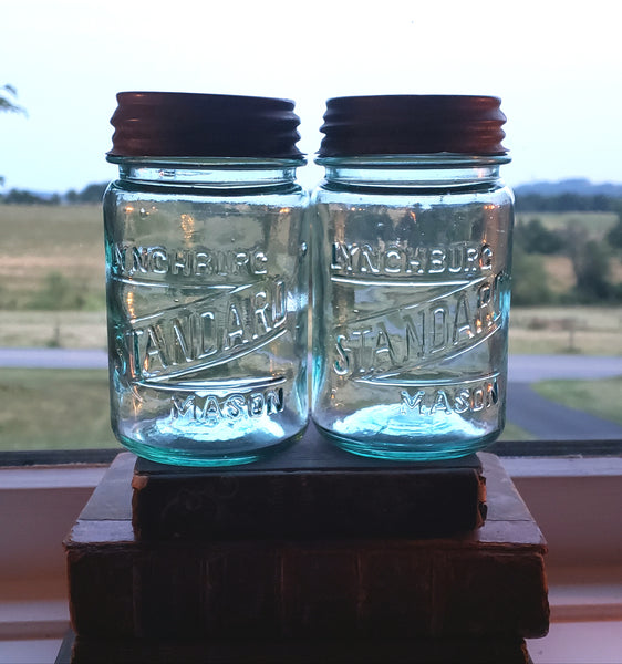 Pair of Antique Aqua Blue Lynchburg Standard Mason Canning Jars with Zinc Lids