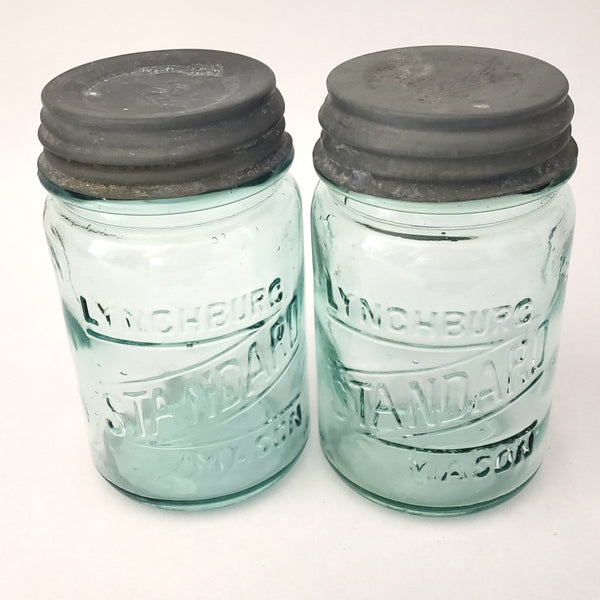 Pair of Antique Aqua Blue Lynchburg Standard Mason Canning Jars with Zinc Lids