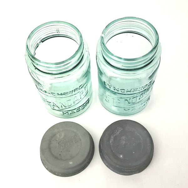 Pair of Antique Aqua Blue Lynchburg Standard Mason Canning Jars with Zinc Lids