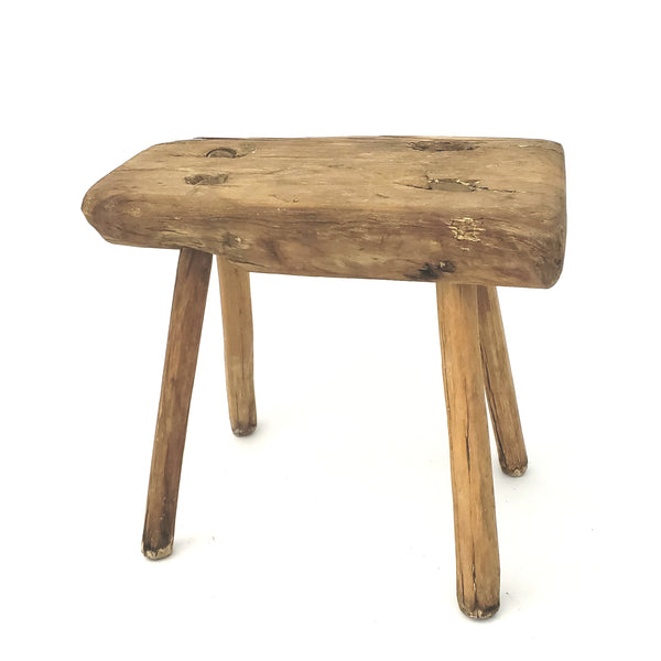 Primitive Handcrafted Wooden Farm Stool with Mortise and Tenon Construction