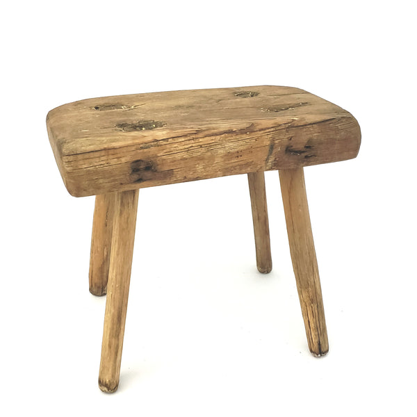 Primitive Handcrafted Wooden Farm Stool with Mortise and Tenon Construction