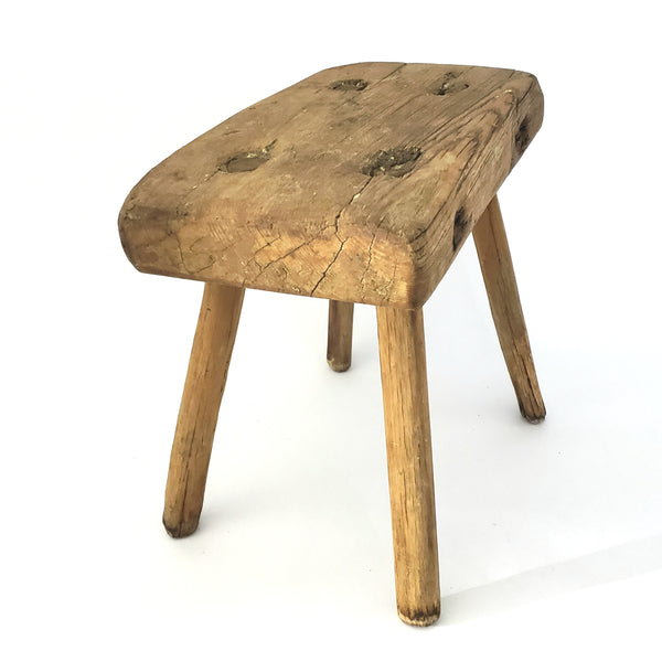 Primitive Handcrafted Wooden Farm Stool with Mortise and Tenon Construction