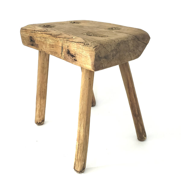 Primitive Handcrafted Wooden Farm Stool with Mortise and Tenon Construction